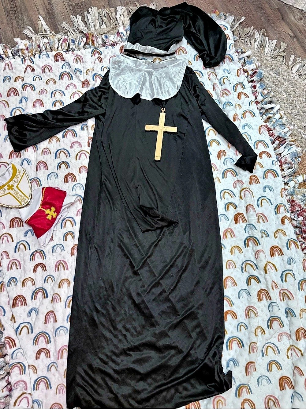 Spirit Halloween Nun with Cross Halloween Costume Black & White BONUS Puppy Pope